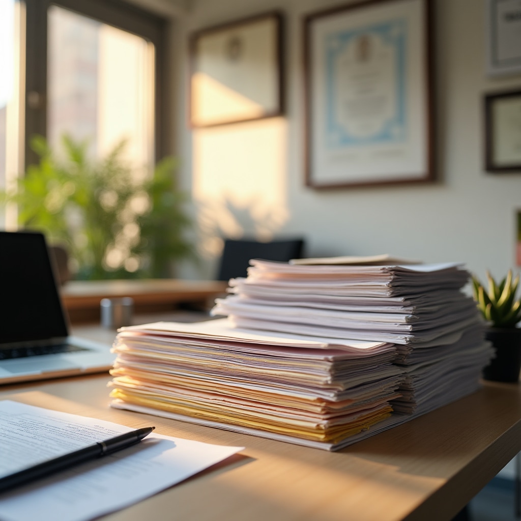 Neatly organized documents and forms arranged systematically on desk