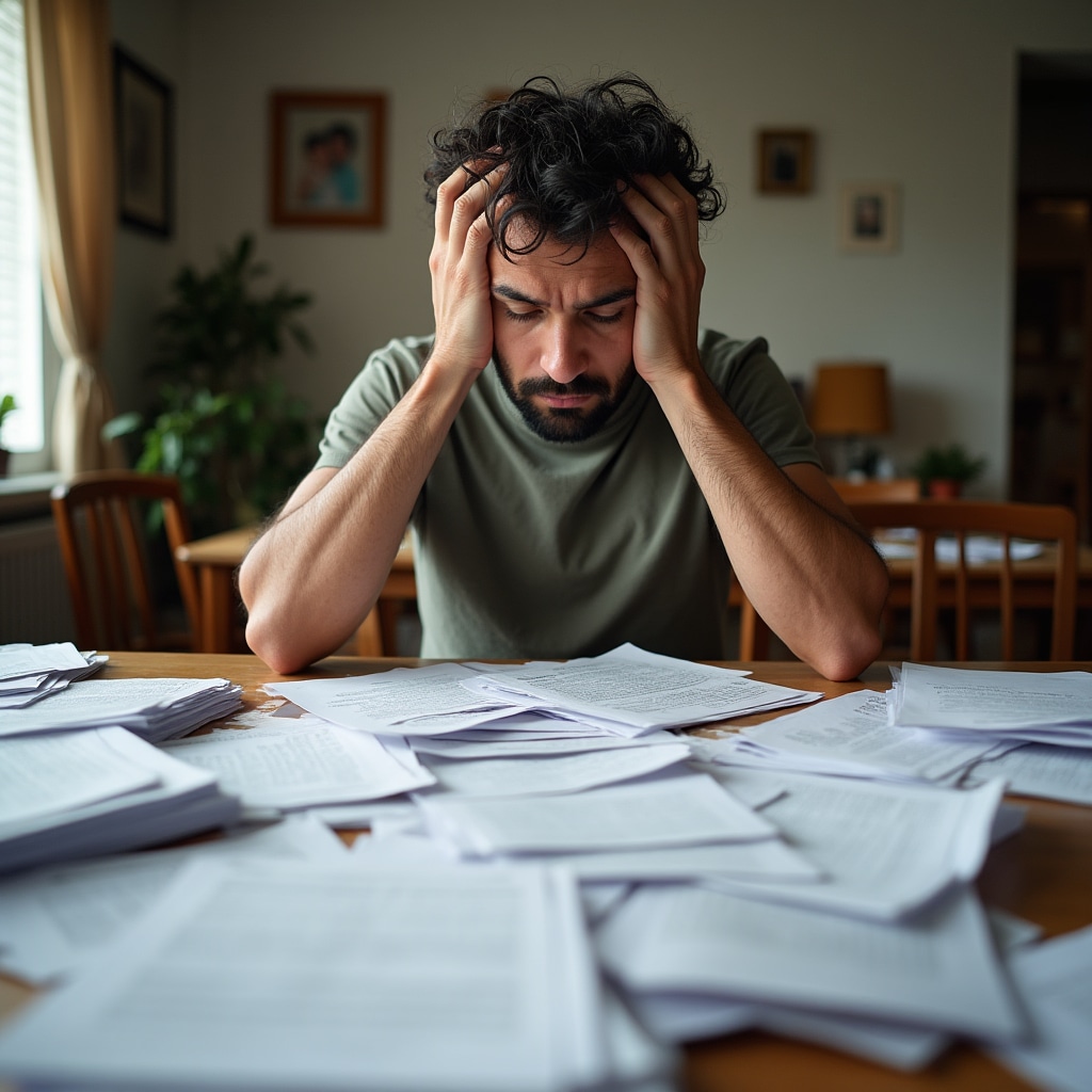 Person overwhelmed by disorganized paperwork and government forms