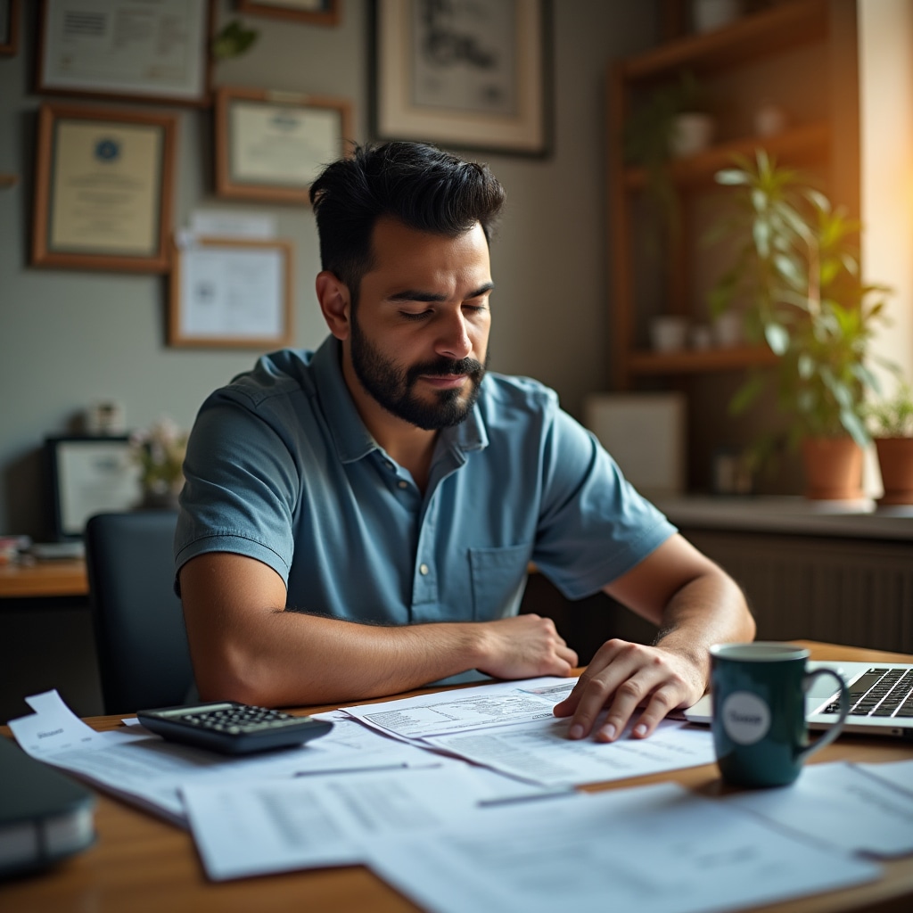 Business owner reviewing organized financial documents and forms
